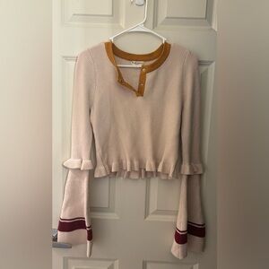 For Love & Lemons Knitz Cropped Ruffle Bell Sleeve Sweater in Beige, Size M
